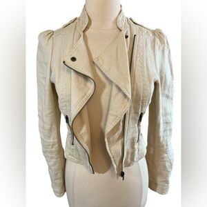 H&M Ivory Linen Utility Moto Jacket with Asymmetrical Zipper & Epaulettes Size 4